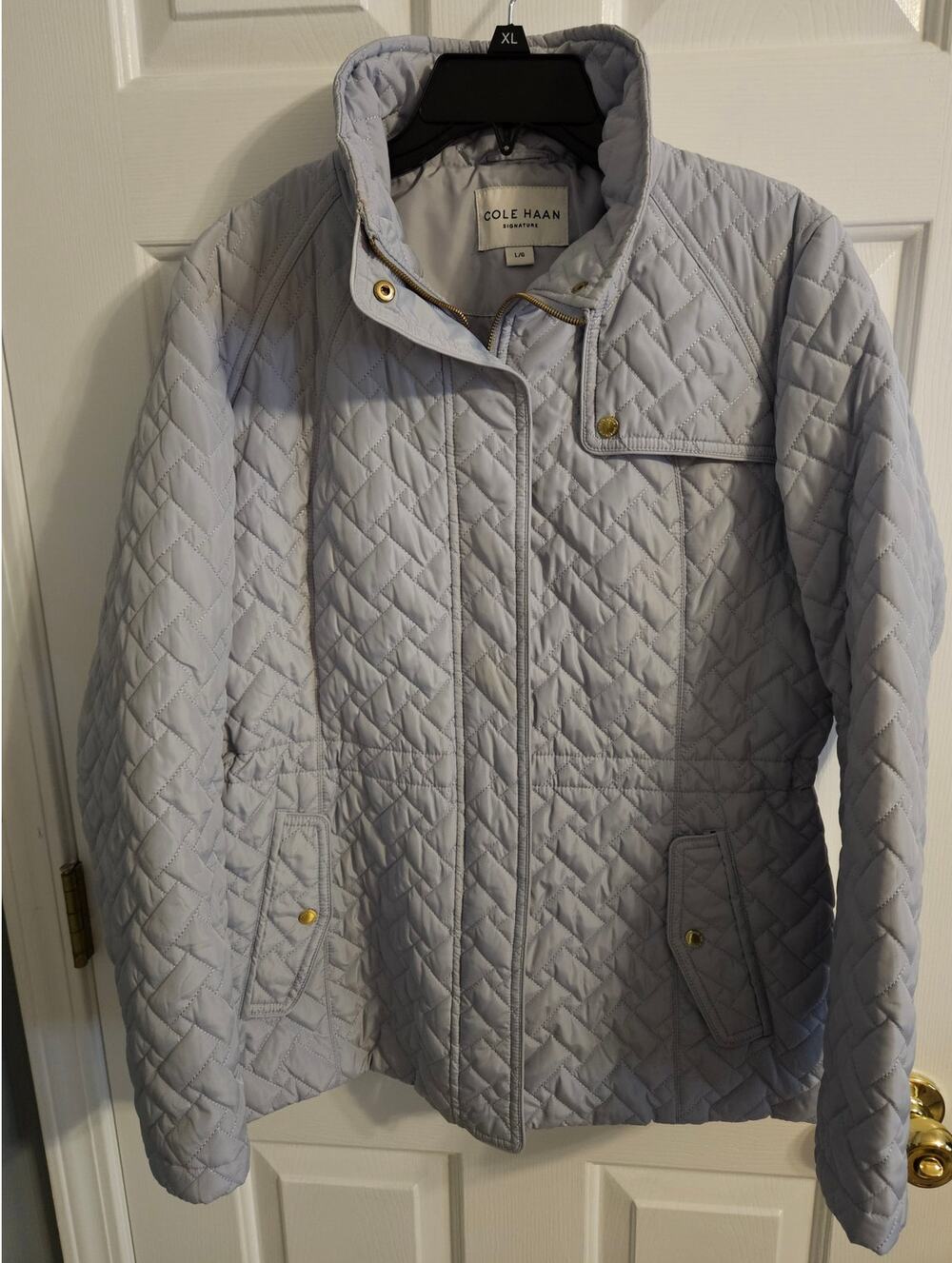 Womens Cole Haan Signature Quilted Jacket Coat Ice Blue/Grey Large Snaps Zipper